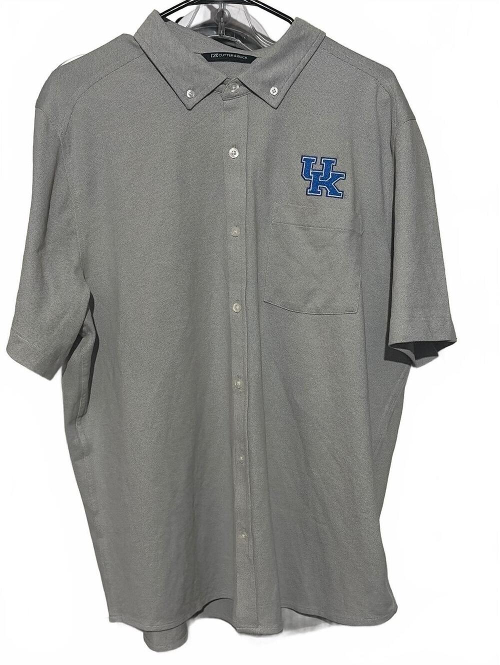 Cutter & Buck Men's Short Sleeve Button-Down Shirt UK Logo Gray Cotton